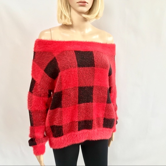 🔥NWT Express Red & Black Off-The-Shoulder Sweater - Picture 6 of 8